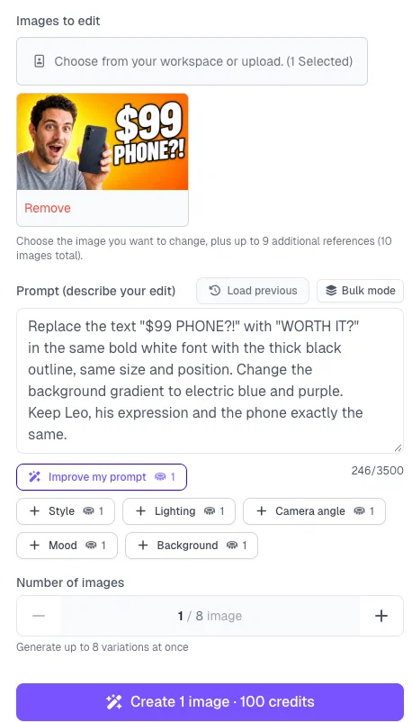 Edit Image in Postcrest with the $99 PHONE thumbnail selected and a prompt that replaces the text with WORTH IT?