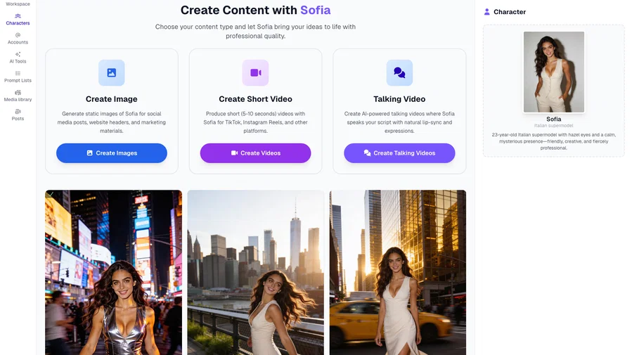 Create content with the AI model Sofia in Postcrest: images, short videos and talking videos