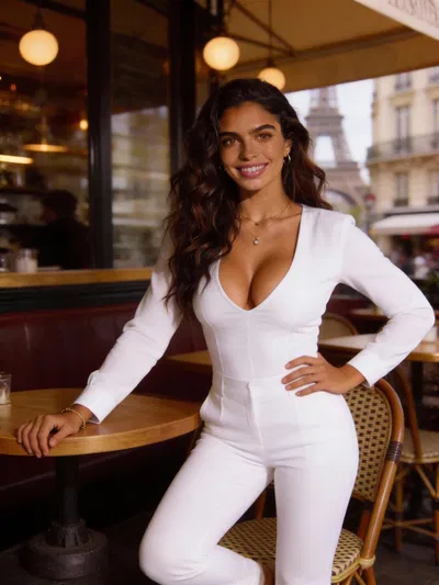 Sofia AI photoshoot Paris cafe pose 3