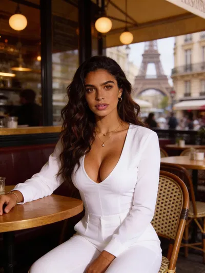 Sofia AI photoshoot Paris cafe pose 4