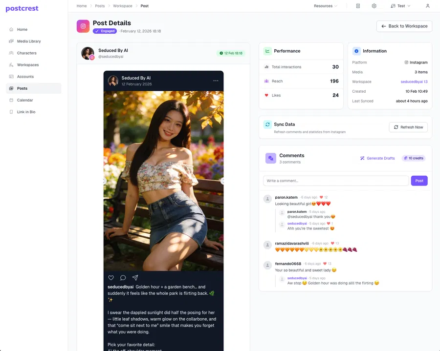 See insights and engage with Instagram comments using AI replies inside Postcrest