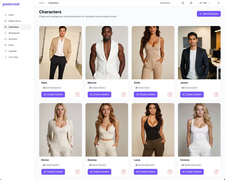 Create an AI Instagram influencer character in Postcrest (from scratch or by uploading photos)