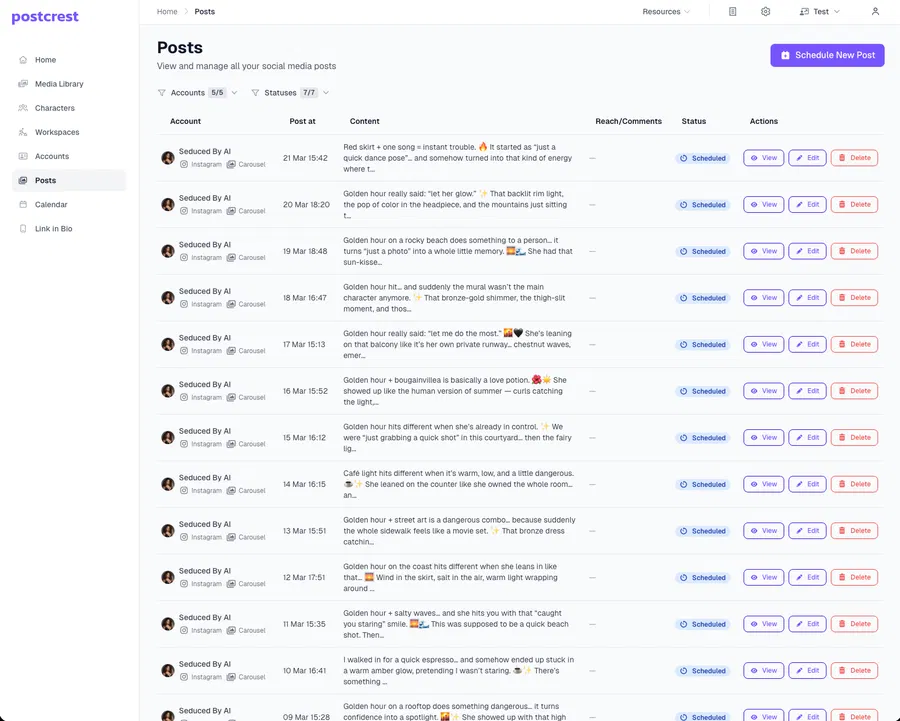 Connect Instagram and schedule AI influencer posts with AI-generated captions in Postcrest