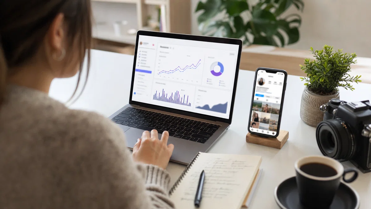 Creator reviewing AI influencer analytics dashboard with growth charts next to a phone showing the influencer profile