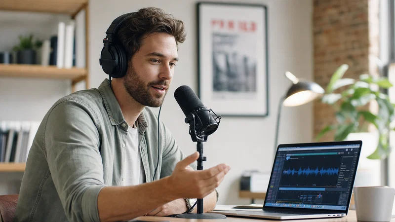 Man recording a voice sample into a studio microphone with an audio waveform on his laptop for AI voice cloning